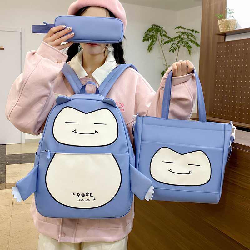 Ensemble de Sacs Snorlax 3Pcs Design Kawaii Noir – حقيبة مدرسية 3 قطع - Image 5